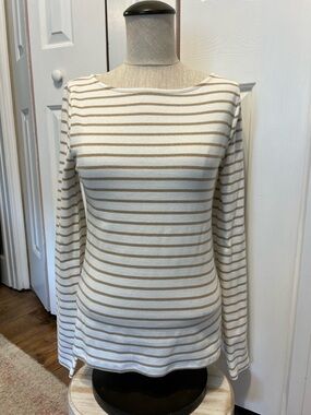 J. Crew White and Tan Striped Ribbed Knit Top